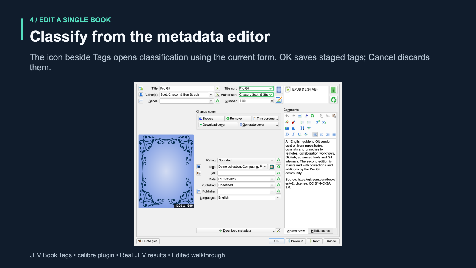 Calibre's native metadata editor with the JEV Book Tags icon beside Tags, and the preserved manual tag plus Computing and Programming.
