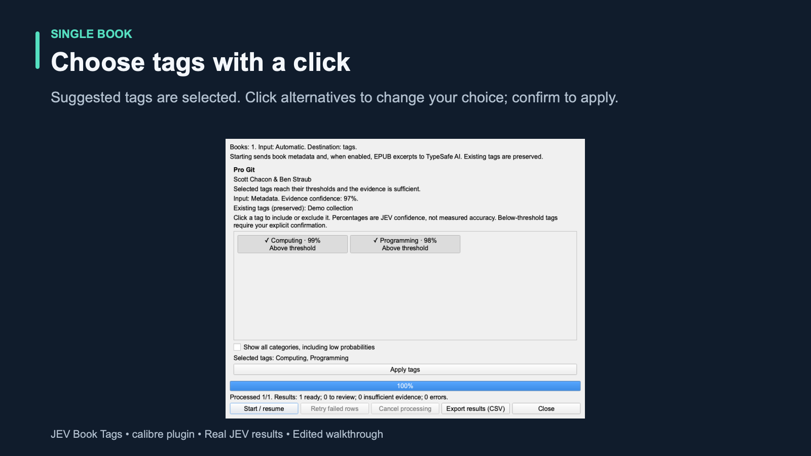Single-book classification with clickable tags.